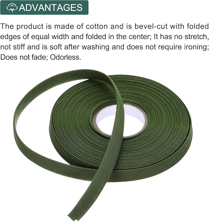 MECCANIXITY 2/5 Inch Double Fold Bias Tape Polyester Continuous Bulk Bias Tape for Sewing,Seaming Quilting Hemming Binding Crafts (Army Green 10 Yards)
