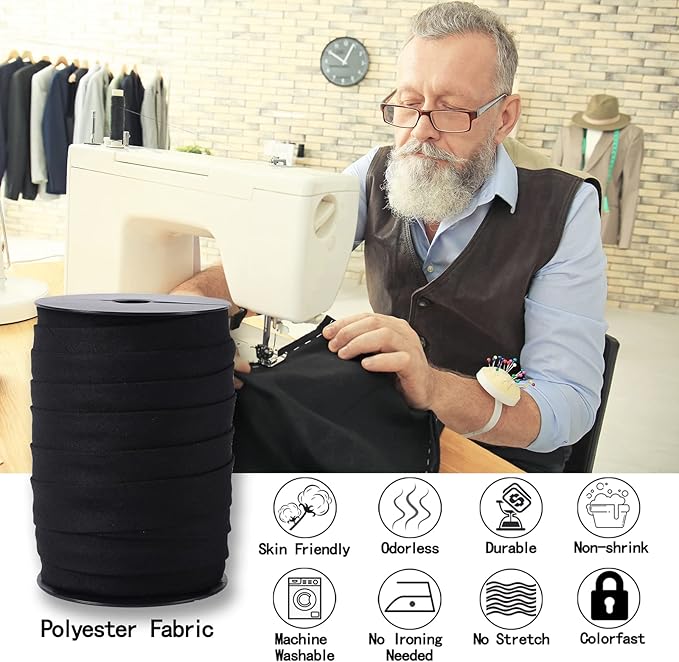 Bias Tape Double Fold 1 inch, Double Fold Bias Binding Tape 55 Yards (Black) and 4 Pieces Sewing Fabric Chalks for Crafts, Sewing, Seaming, Hemming, Piping, Quilting.