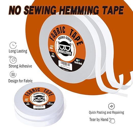 Double-Sided Fabric Tape (2 Rolls) - Gummed Tape, 65FT Length, No Sewing or Ironing Required, Perfect for Quick Clothing Repairs, Fabric Bonding, and DIY Crafts (3/4inch+1inch)