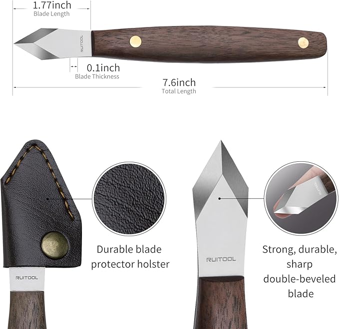 RUITOOL Marking Knife, Woodworking Scribing Knife with Leather Sheath, High Carbon Steel Double Beveled Blade Striking Knifes with Wooden Handle, Premium Quality Wood Scribe Tool for Carving