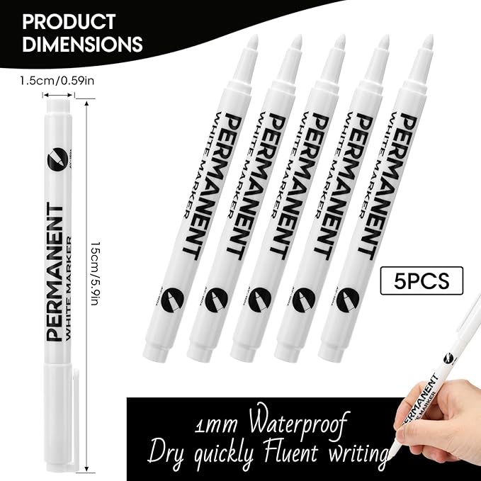 5PCS White Acrylic Paint Pens White Pen Fabric Paint Permanent Marker Pens Set Fine Tip 1mm Waterproof Paint Pen for Fabric Rock Painting Tyre Art Paper Glass for Drawing,Coloring,Graffiti,DIY Crafts