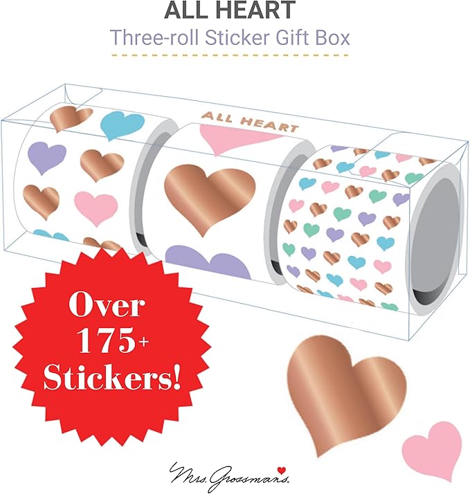 Mrs. Grossman's All Heart Gift Box with 3 Sticker Rolls Including Over 175 Heart Stickers in 3 Different Sizes - Premium Finish for Collecting, Scrapbooking and Decoration, Kids and Adults