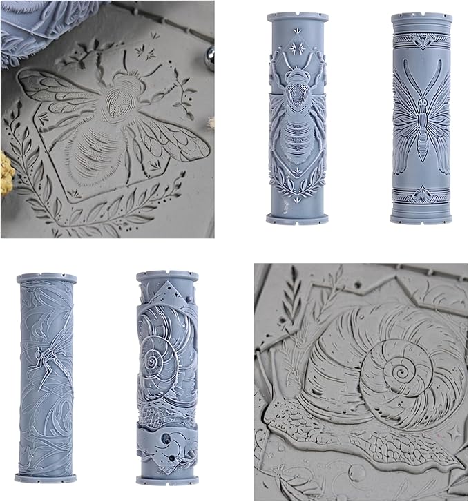 Familiar Insect Collection Clay Texture Rollers 4-Pack (4") - Insect Set #01 - Embossing Pattern Rollers for Polymer & Ceramic Clay, Pottery & Crafts