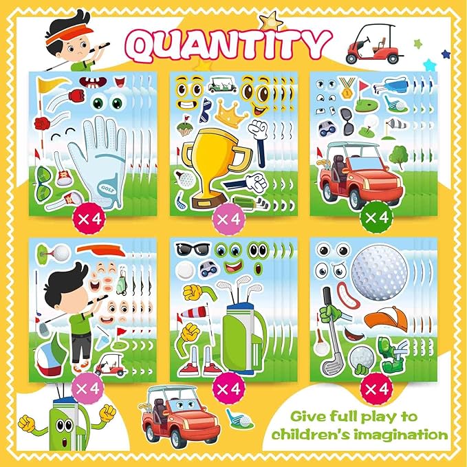 24 Sheets Make Your Own Golf Theme Stickers, Make-a-face Stickers Sport Sticker Party Favors Boys Girls Gifts Classroom School Supplies Decorations
