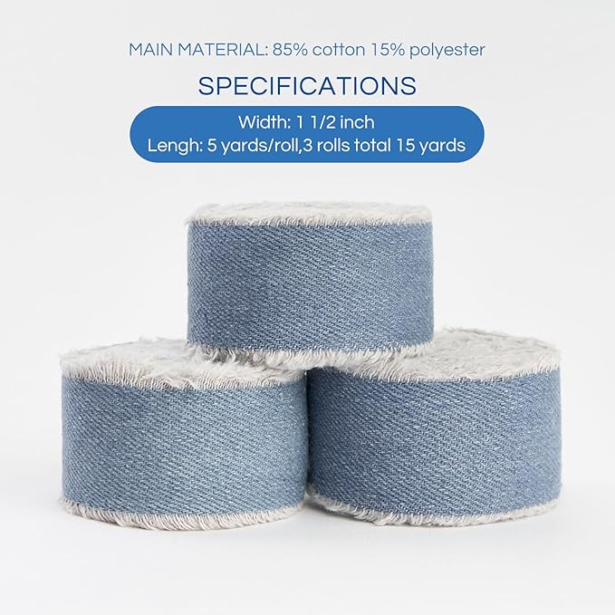 Light Blue Denim Ribbon for Crafts Handmade Rustic Frayed Cotton Jean Fabric Ribbon for Flower Bouquet 15 Yards 1 1/2 Inch Cloth Ribbons for Gift Wrapping Hair Sewing Accessories Holiday Decor