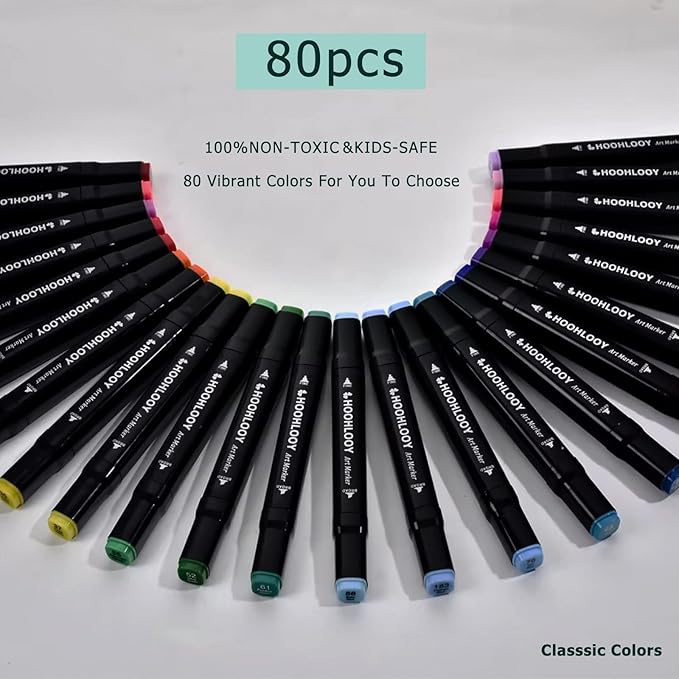 80 Colors Upgraded Alcohol Marker Set, Brush Chisel Double Head Art Marker for Artists Adult Coloring, Sketching, Painting, Comes w/ 1 Case
