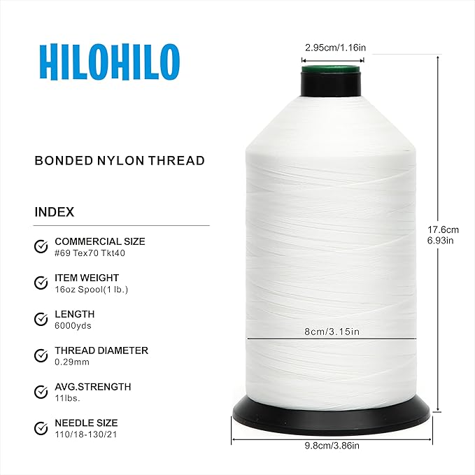 Extra Strong Bonded Nylon Thread #69 Tex70 – 16 OZ, 6000yds, Versatile Stitching Solution for Leather, Upholstery, Canvas Repair and More (White)