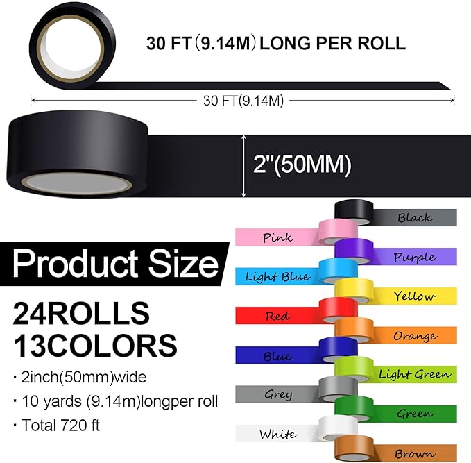 Fainne 24 Rolls Colored Duct Tape Bulk, Duct Tape Heavy Duty Waterproof, Multi Purposes, No Residue, Tear by Hand for Indoor Outdoor Use (Colorful,10 Yards X 2 Inches)
