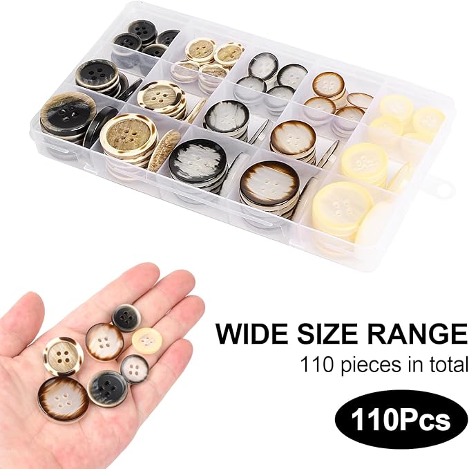 110Pcs Mixed Sewing Buttons, 4-Hole Craft Round Blazer Buttons, 5 Color 3 Size (15mm, 20mm, 25mm) Suit Coats Resin Button, Suitable for Variety Clothing Sewing, DIY Craft (Style C)