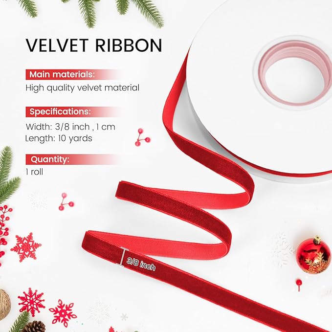 Red Velvet Ribbon, 3/8 inch 10 Yards Vintage Velvet Ribbons Perfect for Christmas Tree Ornaments, Gift Wrapping, Wedding Decoration, Bows, Sewing, Crafts, Wreath and More
