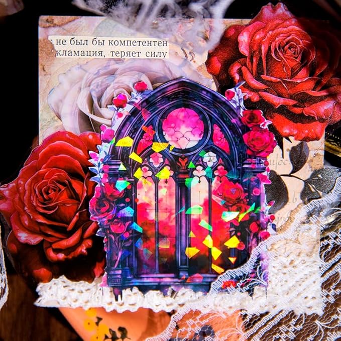 MAFELOE Retro Scrapbook Stickers of 10 Pieces, PET Aesthetic Deco Stickers Journaling Supplies for Junk Bullet Bottles Laptop- Flower Window Series-C