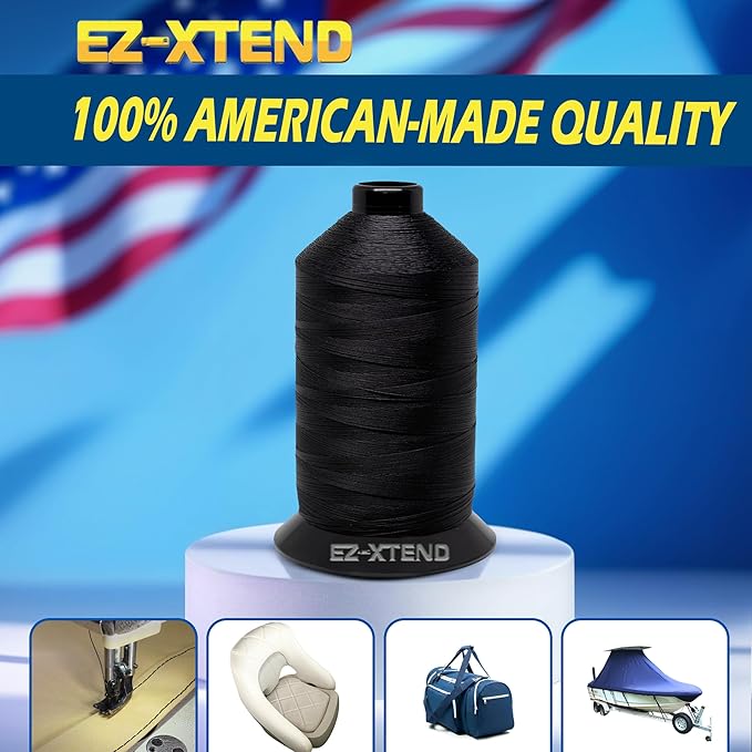 EZ-Xtend #138 Bonded Polyester Thread 100% American Made for Outdoor and Marine Fabric Sewing Applications, Awnings, Tarps, Canvas. for Heavy Duty and Industrial Sewing Machines (Black, 8 oz)