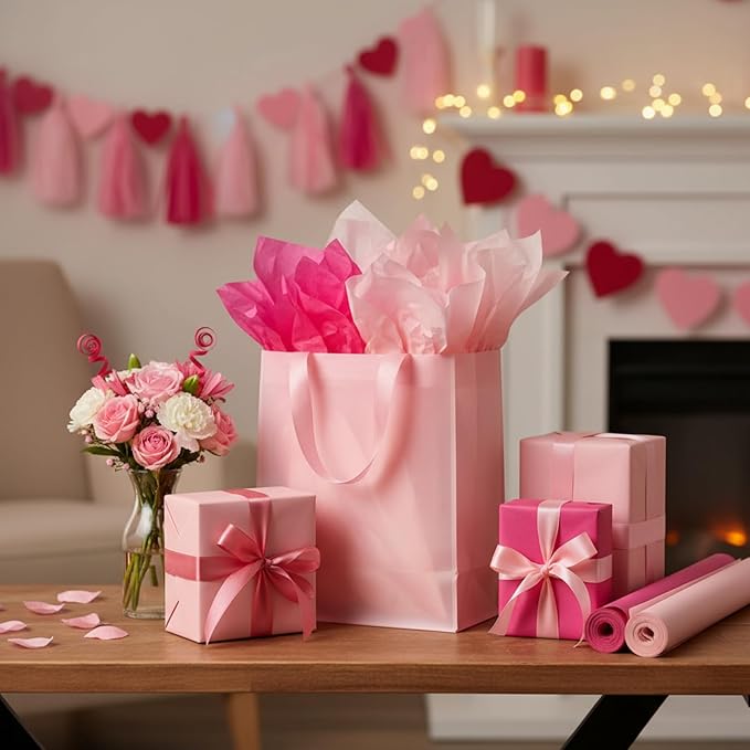 Qilery 500 Sheets Valentine's Day Pink Tissue Paper Bulk for Gift Bags 15 x 20 Inch Acid Free Packaging Wrapping Paper Sheets for Valentine's Day Wedding Decoration DIY Flower, Pom Poms Craft Supplies