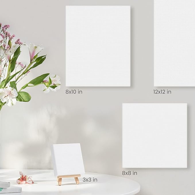 ARTEZA Small Canvases for Painting with Easels, Pack of 14, 3 x 3 Inches, Blank White Canvas for Painting, Art Supplies for Acrylic, Oil and Gouache
