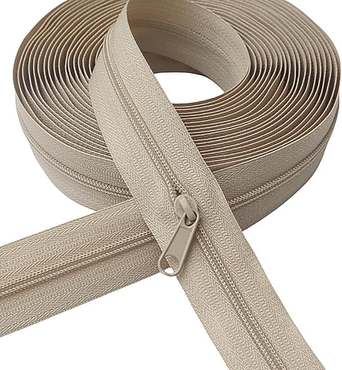 MebuZip #3 Nylon Coil Zippers by The Yard Bulk Zipper Roll Zipper Tape 10 Yards with 25pcs Pulls for Sewing Tailor DIY Craft Bags Pillows (Beige 10Yards)