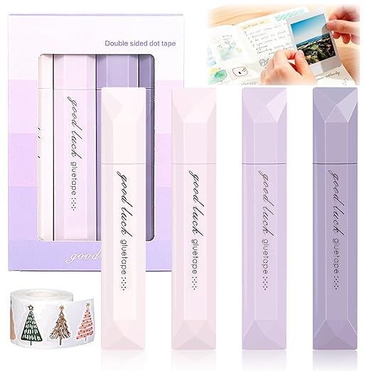 4PCS Double Sided Tape Pens, Double Sided Tape Roller, 6 mm x 196 Inch Gradient Color Glue Tape Roller, Adhesive Tape for Scrapbooking, Gift Wrapping, Photo Mounting, School Office & Crafts (Purple)