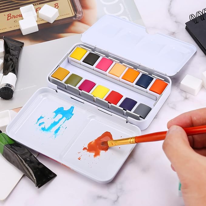 MyArTool Empty Watercolor Palette, Empty Watercolor Tin Box Palette Paint Case, Foldable Watercolor Paint Palette with 12 Empty Half Pans for Watercolor and Acrylic Painting