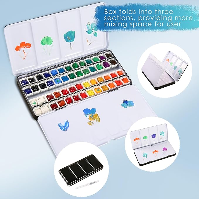 PEVART Watercolor Tin Palette, Metal Empty Paint Case with 52 PCS Empty Half Pans and a Water color Pen Suitable for DIY Travel Watercolor Palette, Acrylic and Oil Painting