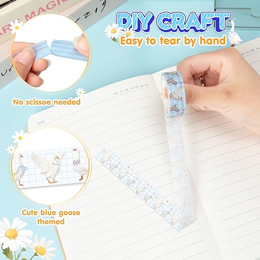 Laffact Blue Goose Washi Tapes - 12Rolls Blue Watercolor Coquette Bow Silly Goose Plaid Decoration Tape Set, Wrapping Paper Tape for Scrapbook Journal DIY Art Craft for Baby Shower Party Birthday Gift