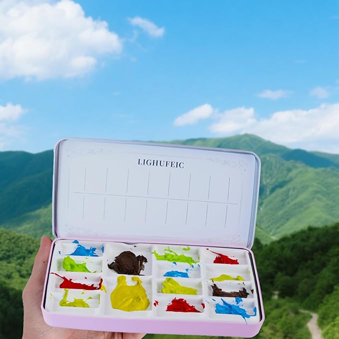 Travel Watercolor Palette,Portable Ceramic Palette with 14 Well,Metal Paint Box with Porcelain Palette(Pink Box)