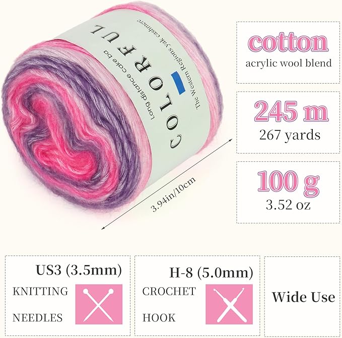 Aeelike Cake Yarn for Crocheting, 6 Skeins Gradient Yarn 100g (3.52 oz) 245m (267 Yards) # 3 Light Weight, Soft Ombré Yarns Fairyland Yarns Rainbow for Making Colorful Crafts, Lotus Purple Gradient