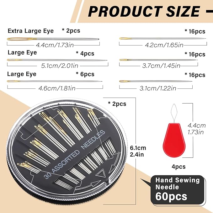 Ftyiwu 60 Pack Hand Sewing Needles, Embroidery Needles Kit Assorted, 6 Sizes Large Eye Sewing Needles with Threaders for DIY Craft Projects, Handsewing, Sewing Repair