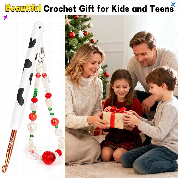 Katech Ergonomic Crochet Hook, Aluminum Soft Grip Crochet Hooks for Beginners and Arthritic Hands, Soft Clay Crochet Needle with Cow Motif and Bead Chain-Ideal Gift for Crocheter (5.5mm)