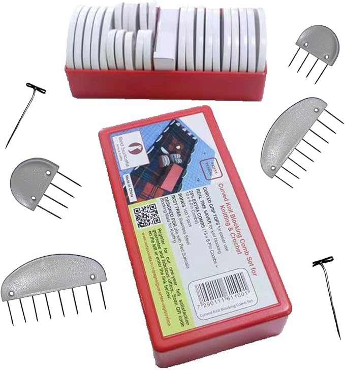 Red Suricata Curved Knit Blocking Combs Set of 25 Curved Edge Blockers for Knitting & Crochet Projects Extra 100 T pins Use with Blocking Mats - Patent Pending (25 Blockers - 2 Sizes)