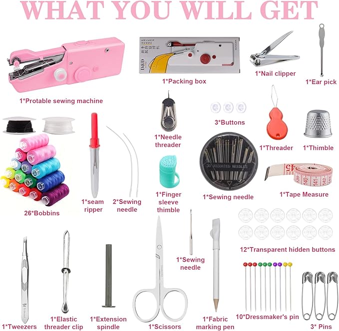 Mini Sewing Machine for Beginners - Handheld & Electric, Easy One-Step Stitching for Quick Clothes Mending, DIY Projects, and Travel Emergencies