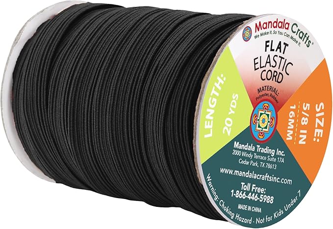 Mandala Crafts 16mm 20 Yds Roll of Black Elastic Bands for Sewing - 5/8 Flat Elastics Cord - 5 8 Inch Braided Stretch Straps for Crafting