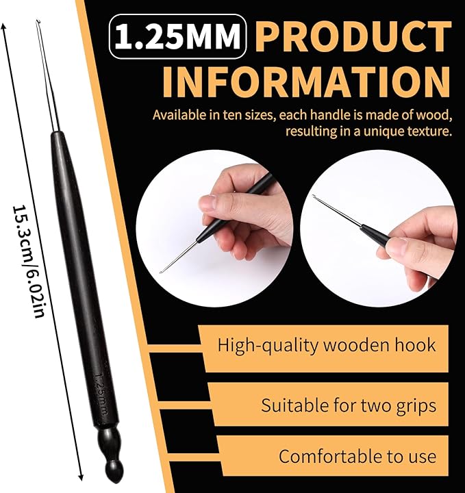 Hssugi Crochet Hooks, 1.25mm Small Crochet Hooks for Arthritic Hands with Wooden Handle, Ergonomic Lace Crochet Needles for Thread Embroidery DIY Lace