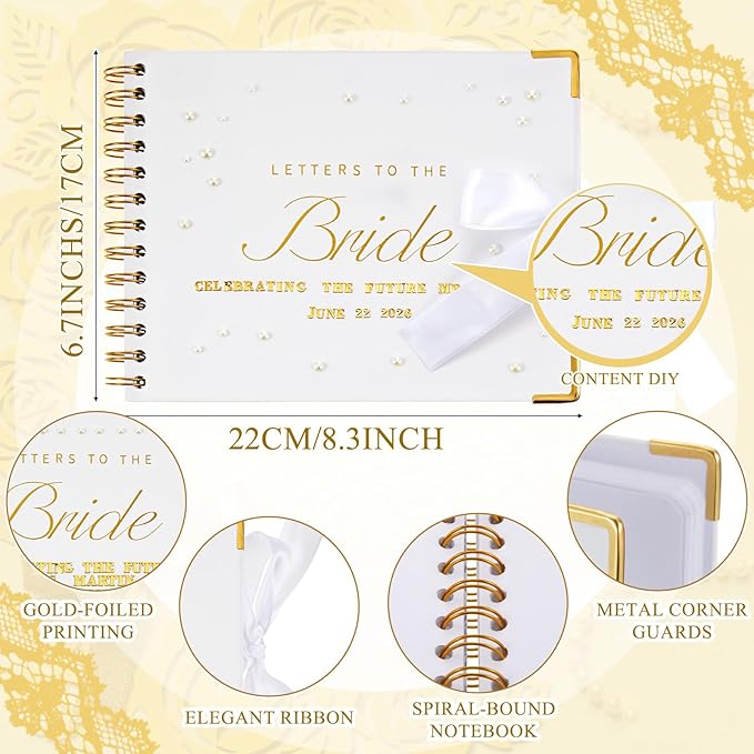8.5 x 7 Inch Wedding Guest Book Letters to The Bride Scrapbook Wedding Memory Book Bridal DIY Blank Paper Scrapbook Photo Album Guest Sign with Pearl Stickers, Metallic Letters, Bows