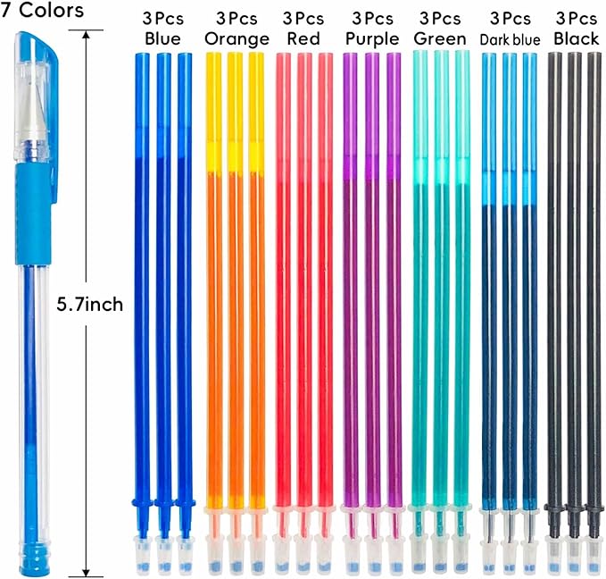 Jauisus 7 Color Heat Erasable Pens for Sewing with 21 Refills, 0.5mm Heat Erasable Fabric Marking Pens for Dressmaking, Embroidery, Quilting Gifts