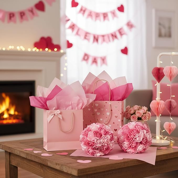 Qilery 500 Sheets Valentine's Day Pink Tissue Paper Bulk for Gift Bags 15 x 20 Inch Acid Free Packaging Wrapping Paper Sheets for Valentine's Day Wedding Decoration DIY Flower, Pom Poms Craft Supplies