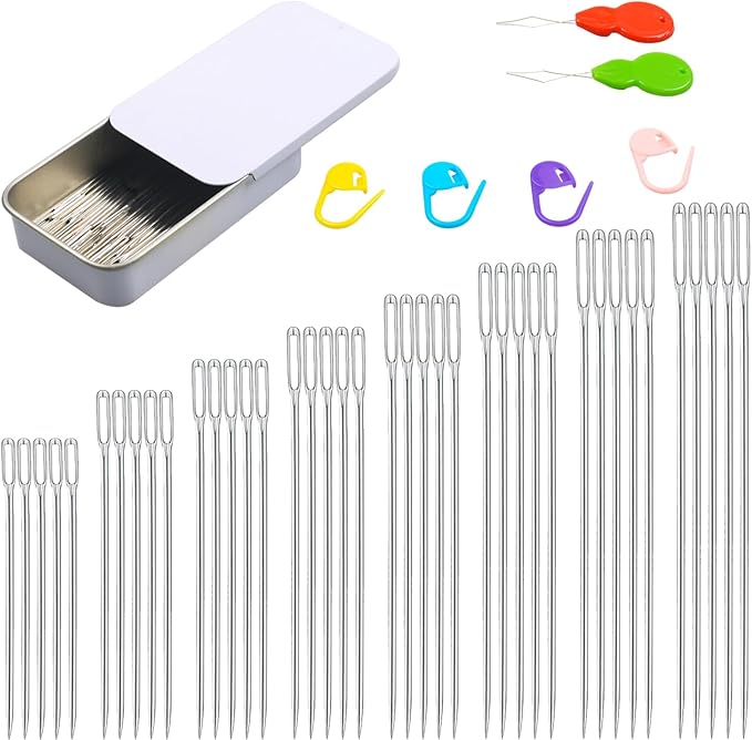 40PCS Large Eye Sewing Needles, 8 Sizes Hand Sewing Sharp Needles, Embroidery Needle, Leather Needle,Stainless Steel Yarn Needles with Threaders & Stitch Markers (White)