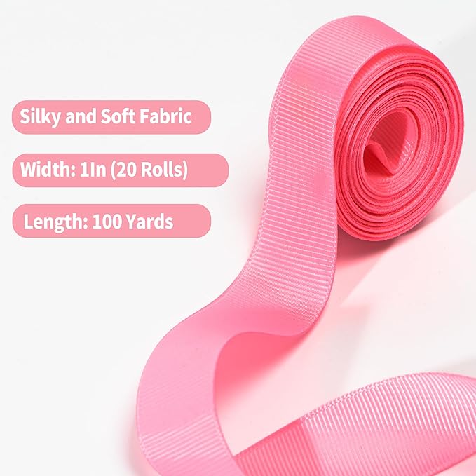 Grosgrain Ribbon 1 inch 20 Colors 5 Yards/Roll, Total 100 Yards Per Package for Christmas Tree, Wreath Decorations, Bow Making, Gift Wrapping, Flower Bouquet