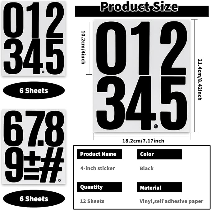 12 Sheets Large Capital Number Stickers,Waterproof & Self Adhesive Alphabet Sticker for Mailbox, Garden, Vehicles，Classroom - Black