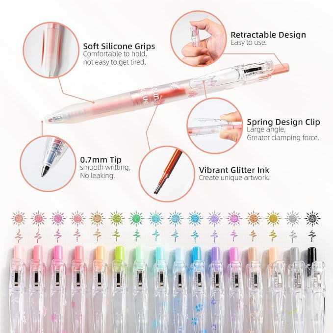 Glitter Gel Pens, 16 Pack Colored Glitter Pens, 0.7mm Retractable Colorful Sparkle Gel Pen Markers, Sparkly & Pastel Colors, Gifts Trendy Stuff for Journaling Coloring Supplies