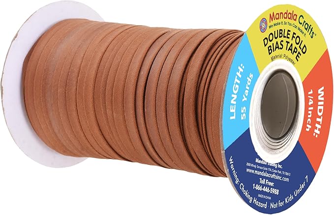 Mandala Crafts 55 Yards 1/4 Inch Russet Brown Double Fold Bias Tape for Sewing - Bias Binding Tape for Quilting Binding, Hemming, Seam, and Fabric Piping