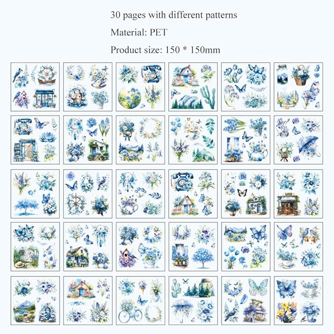 MAFELOE 30 Pages PET Scrapbook Stickers of Creative Flowers Theme, Aesthetic Deco Journaling Supplies for Junk Bullet Diary Album Calendars-Blue (Y3-P-WSSL)
