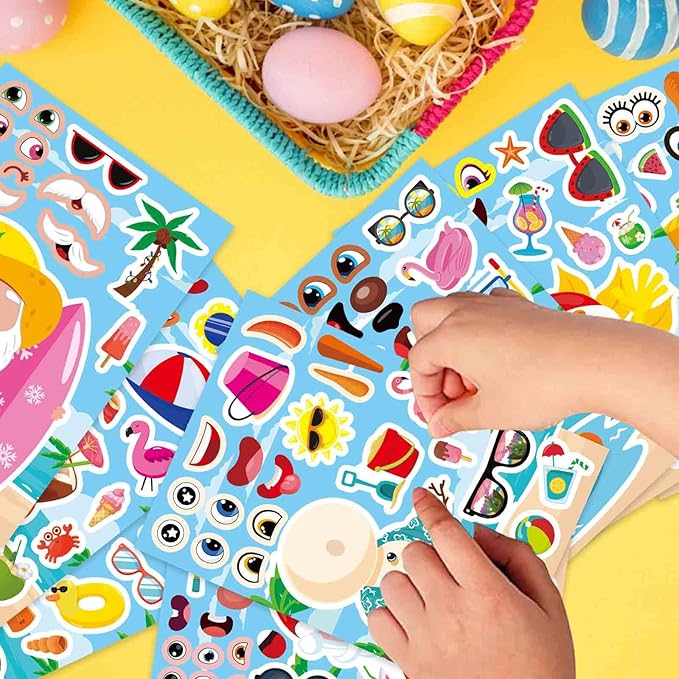 24 PCS Hawaiian Tropical Summer Stickers for Kids, July Christmas Stickers, Make Your Own Mix and Match Sticker with Santa Claus, Reindeer, Gingerbread Man and Snowman, Summer Holiday Party Favor