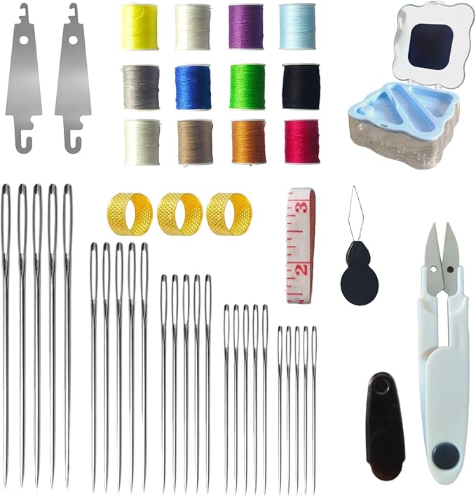 WHNICUST 46PCS Big Eye Stainless Steel Sewing Needles Kit, Hand Quilting Set with Threader and Thimble, Long Thin Needles for DIY Sewing