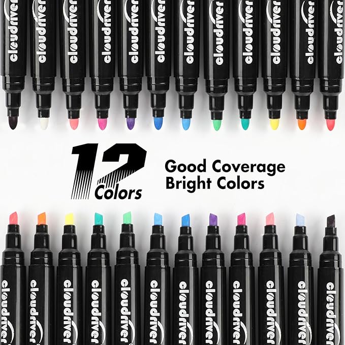 cloudriver Acrylic Paint Pens, Bulk Pack of 48, 12 Colors Water-based Ink Markers, Fine and Chisel Tip Acrylic Paint Markers For Canvas, Rock Painting, Wood, Glass, Metal, Ceramic, stone