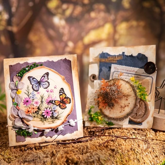 60 PCS Nature PET Stickers, Faux Wood Slice Botanical Stickers with Mushrooms, Flowers, and Butterflies for Scrapbooking, Journaling, and DIY Crafts