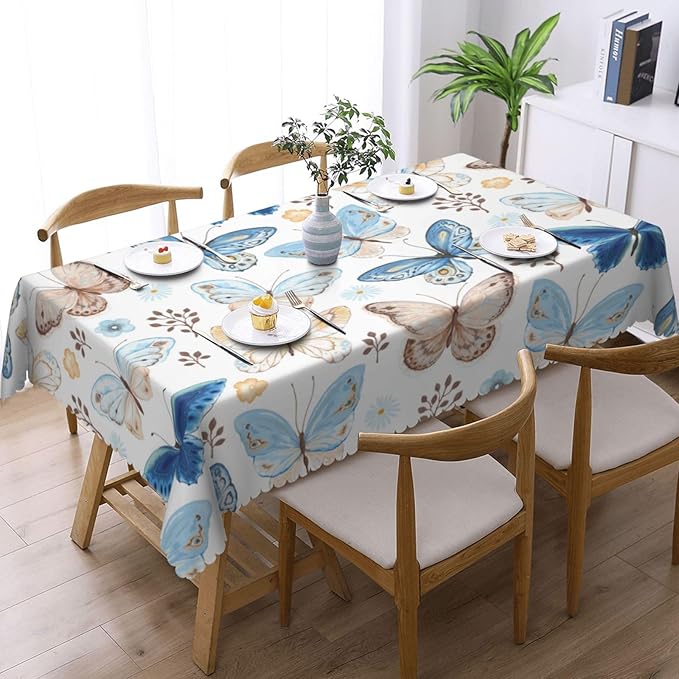 Blue Beige Butterfly Rectangle Tablecloth Flower Leaves Vividly Watercolor Table Cloth Dining Table Cover for Home Kitchen Restaurant Party Buffet Picnic 54 x 72 Inch