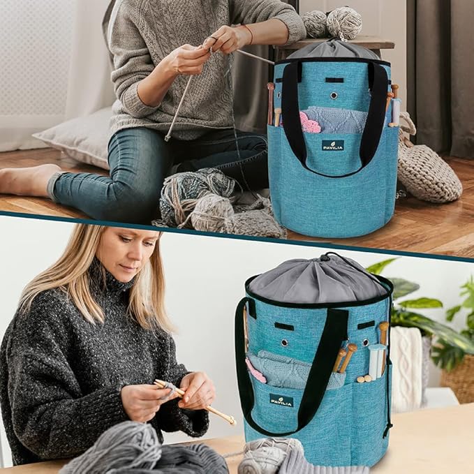 PAVILIA Crochet Bag Knitting Bag Organizer, Yarn Bag Storage Tote for Crocheting On The Go, Knitting Accessories Supplies Holder with Grommets, Gift for Crochet Lovers Knitters (Turquoise Blue)