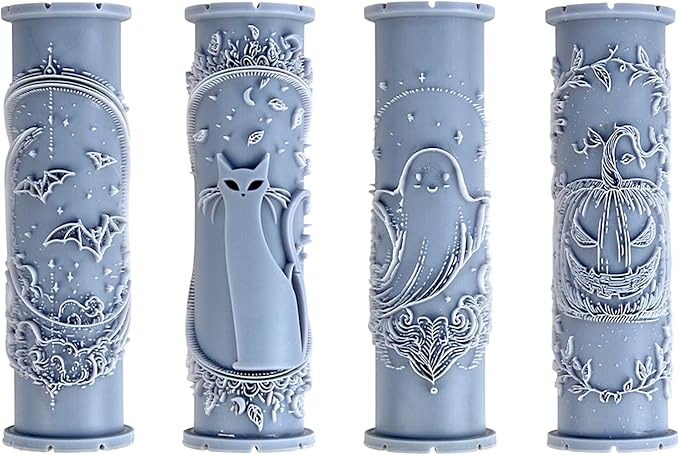 Spooky Smiles Collection Clay Texture Rollers 4-Pack (4") - Halloween Set #01 - Embossing Pattern Rollers for Polymer & Ceramic Clay, Pottery & Crafts