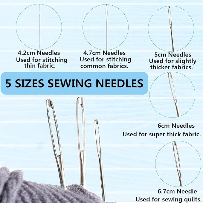 54PCS Big Eye Sewing Needles Kit 5 Size Stainless Steel Needles for Hand Sewing Kit Embroidery Yarn Knitting Steel Needle Set with Threads,Needle Threaders,Seam Ripper,Tape Measure,Thimble