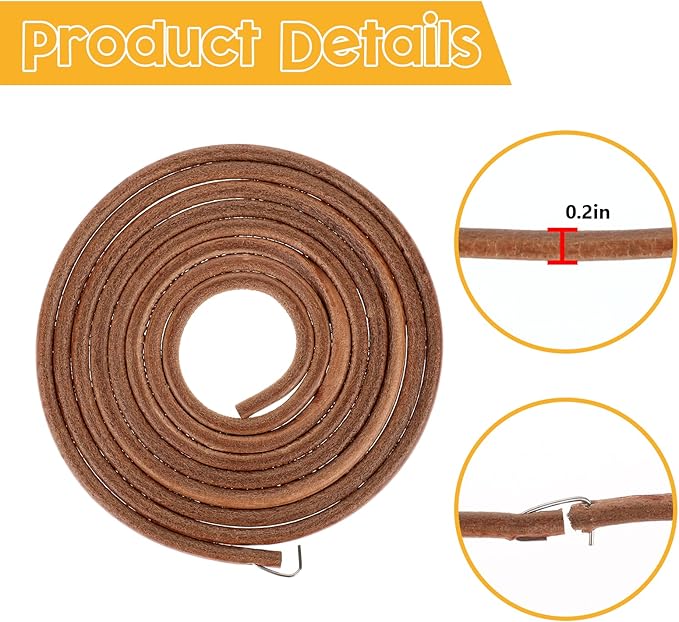 Treadle Sewing Machine Belt, 72 X 3/16 Inch Cowhide Sewing Machine Replacement Leather Belt Treadle Parts Accessories with Hook for Universal Pedal Sewing-Machines, Brown