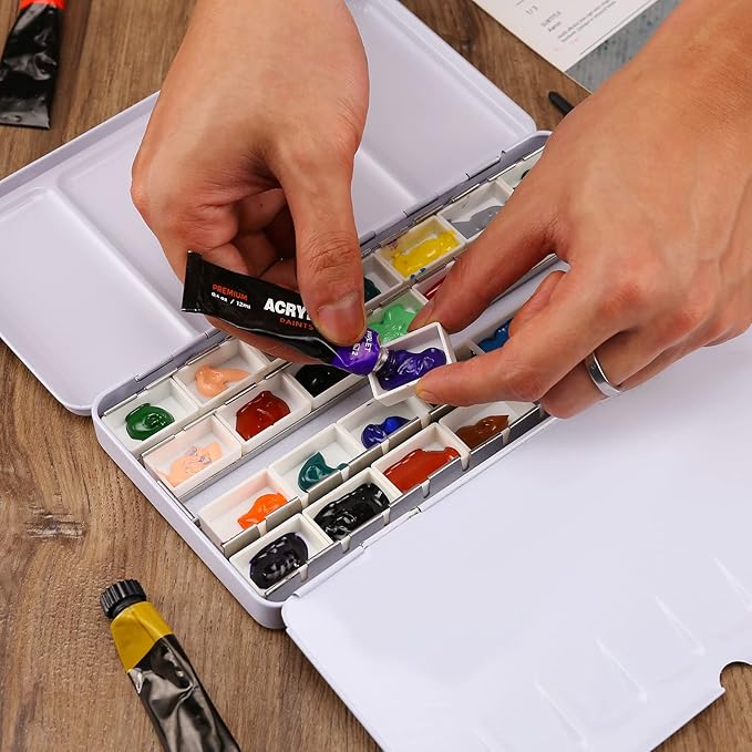 MYARTOOL Empty Watercolor Palette, Metal Watercolor Tin with Fold Out Palette, Watercolor Paint Tray Palette with 24 Watercolor Full Pans for Plein Air Painting and Sketching